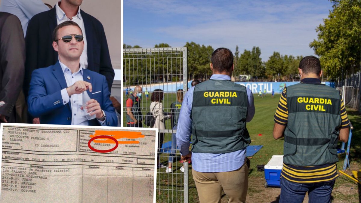 Agents de la Guàrdia Civil, durant l’escorcoll al club que van fer el 5 d’octubre del 2021 i un contracte d’un jugador en què figura com a analista.