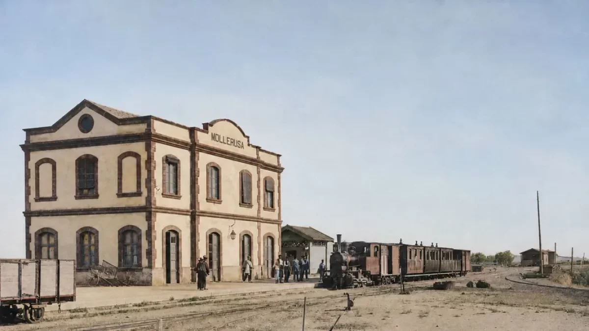 Imagen coloreada de la estación, en la zona donde ahora se ubica la plaza Josep Pané.. - A.C: