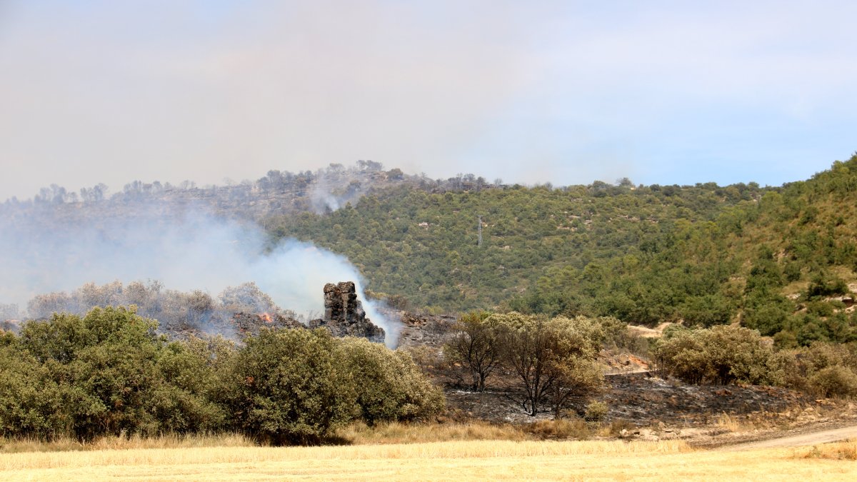 Camp agrícola en flames durant l'incendi de Sanaüja