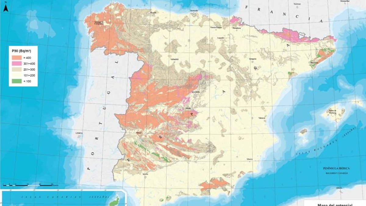 Mapa del potencial de gas radó.