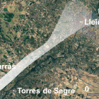 En blanc la zona afectada per l'esclafit al Segrià.