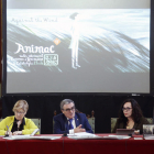 La regidora de Cultura, Montse Parra; l’alcalde de Lleida, Àngel Ros, i la directora d’Animac, Carolina López, ahir, a la presentació.
