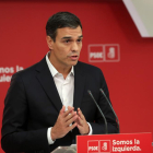 El secretari general del Partit Socialista, Pedro Sánchez, ahir a la seu del conjunt a Madrid.