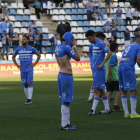 Jugadors del Lleida, decebuts després de l’empat de diumenge.