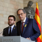 El presidente de la Generalitat, Quim Torra, y el vicepresidente, Pere Aragonès, durante la comparecencia conjunta después de la reunión en Palau de la Generalitat.