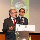 El president de la Diputació, Joan Reñé, i l'alcalde de Mollerussa, Marc Solsona, durant l'acte inaugural de la Fira de Sant Josep.