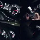 Cuatro imágenes del vídeo colgado en las redes en las que se ve la velocidad y la botella de alcohol.