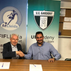 Josep Maria Culleré y Àngel Castro, tras la firma del acuerdo entre FIF Lleida y UE Gardeny.