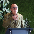 El alcalde de Lleida, Miquel Pueyo, en un momento de la intervención en la conferencia anual del Colegio de Periodistas.