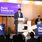 Un moment de la intervenció de Carles Puigdemont al consell nacional del PDeCAT d’ahir.
