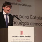 Un momento de la esperada conferencia del President, Carles Puigdemont, ayer en Madrid.