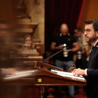 El presidente de la Generalitat, Pere Aragonès, en el hemiciclo durante el debate de política general en el Parlament.