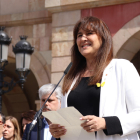 La presidenta del Parlament suspendida, Laura Borràs, durante su comparecencia justo después de ser condenada por prevaricación y falsedad documental.