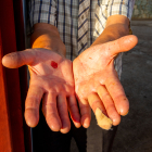 L’home assaltat mostra les ferides que es va fer a les mans per poder sortir del rebost.