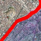 Imatge de l'actual periode de retorn de 10 anys de Cappont, tramat i que afecta a tot el barri, i en vermell intens el nou estudi pendent d'incorporar al catàleg de Zones Inudables de la CHE