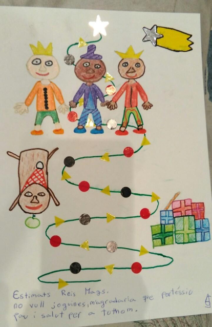 La Gemma de 10 anys ha dibuixat els Reis ,el tronc i l'arbre amb el seu desig de salut per a tothom.