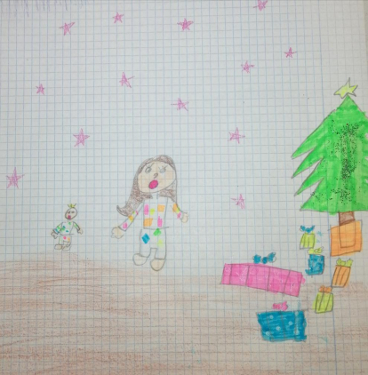 La Nerea Moreno ens ha dibuixat al seu germà Iker i a ella al costat de l'arbre ple de regals i estan al. lucinant del mun de regals que hi ha!
