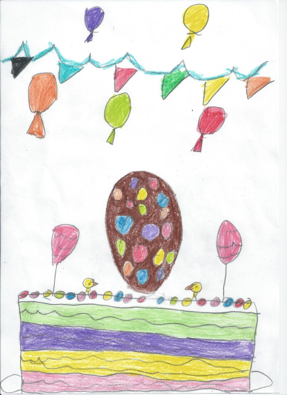 La Gemma té 6 anys i li agradaria una mona amb un gran ou de xocolata i amb molts colorets. Ha dibuixat globos perqué diu que és una festa bonica.