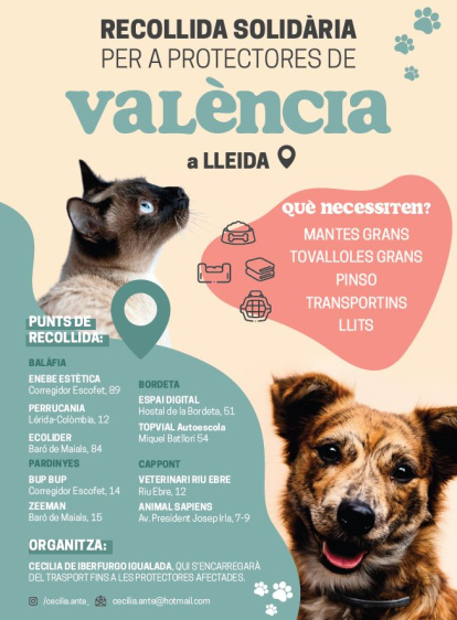 Punts de recollida de material per enviar a les protectores d'animals de València.