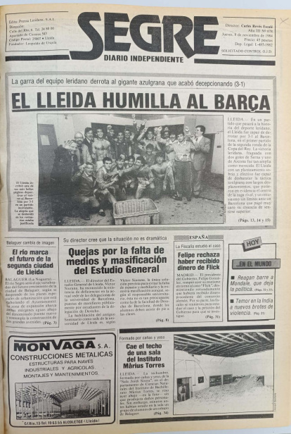 Portada de SEGRE aquel 8 de noviembre de 1984