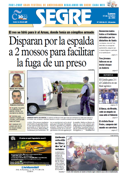 Portada de SEGRE reflectint els fets.