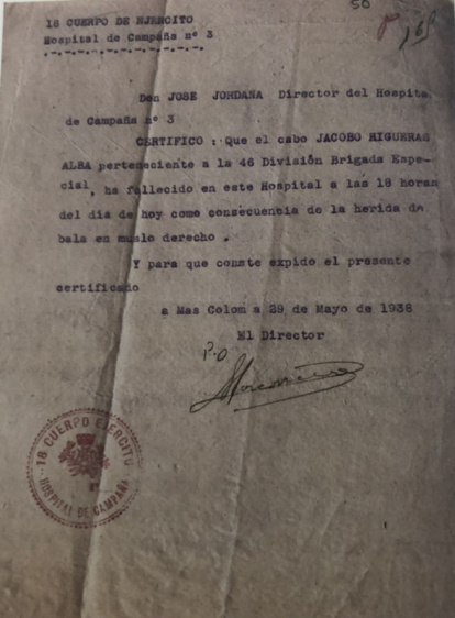 Certificat de defunció de Mas de Colom el maig del 1938. - Registre Civil de Tàrrega
