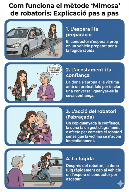 Aquest és el mètode 'Mimosa' que fan servir per robar (infografia feta amb Nano Banana Pro).