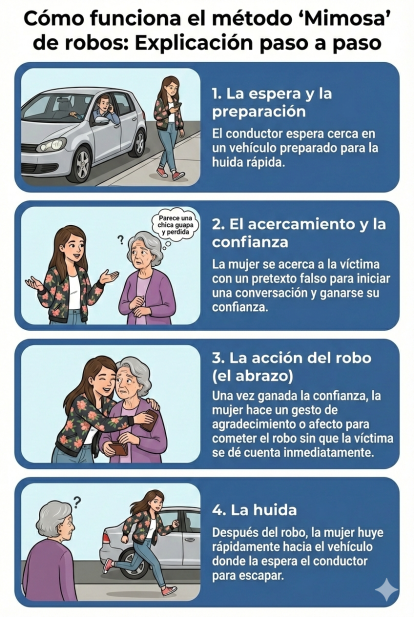 Este es el método 'Mimosa' que utilizan para robar (infografía hecha con Nano Banana Pro).