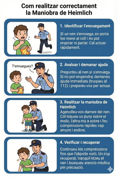 Infografía (en catalán) que explica como actuar en caso de ahogo de alguna otra persona y como hacer la maniobra de Heimlich correctamente.