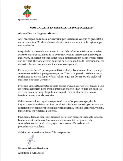 Comunicat de l'alcaldessa d'Almacelles.