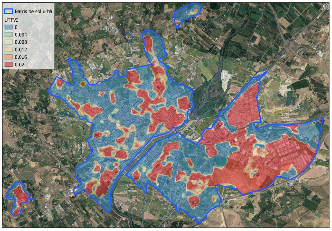 Map of Lleida showing in red areas with a heat island effect.